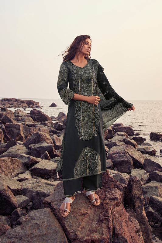 Lawn Cotton Printed Suit With Printed Bemberg Chiffon Dupatta Available in Black