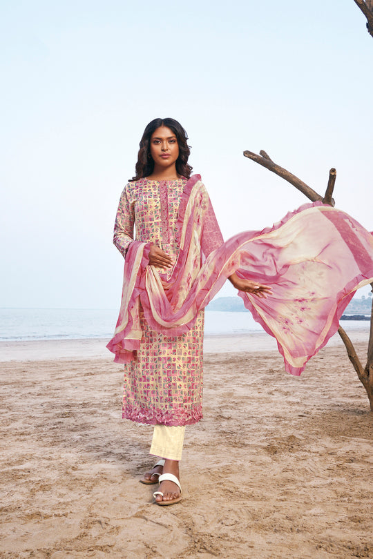 Lawn Cotton Embroidered Suit With Printed Bemberg Chiffon Dupatta Available in Cream & Rose Pink