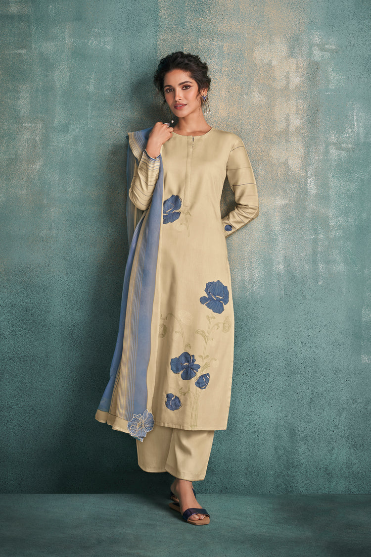 Cotton Satin Printed Suit With Printed Organza Dupatta Available in Beige