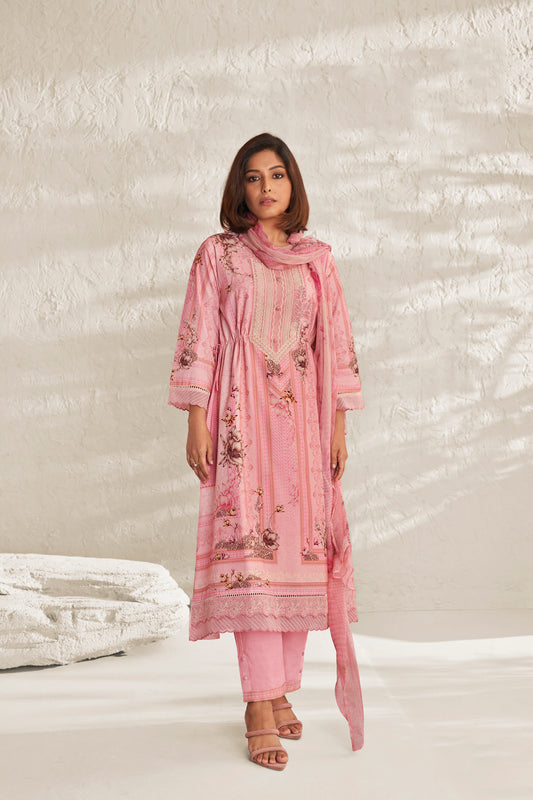 Lawn Cotton Embroidered Suit With Printed Muslin Silk Dupatta Available in Watermelon Pink