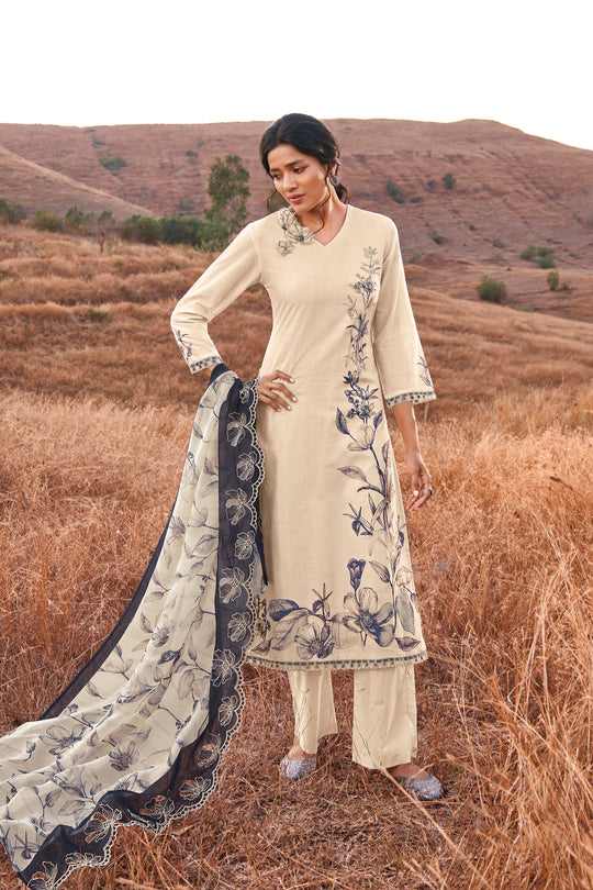 Linen Cotton Printed Suit With Embroidered Organza Dupatta Available in Cream