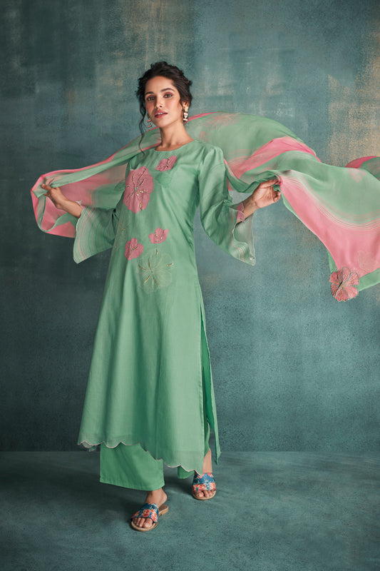 Cotton Satin Printed Suit With Printed Organza Dupatta Available in Mint Green