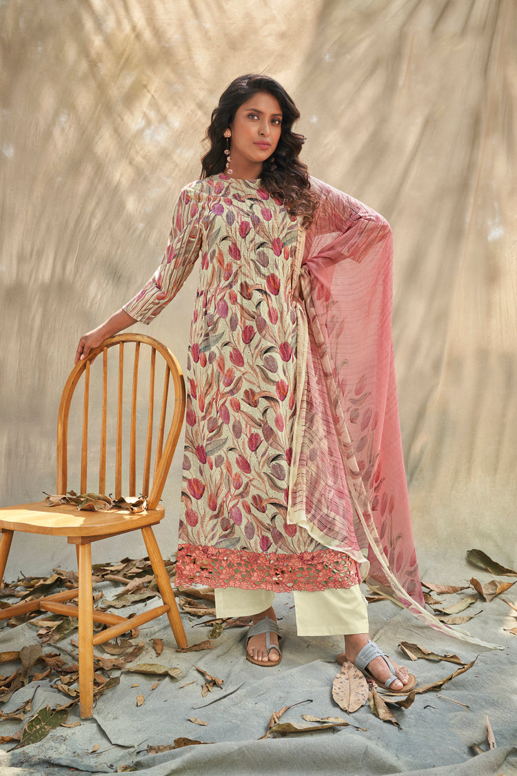 Lawn Cotton Embroidered Suit With Printed Bemberg Chiffon Dupatta Available in Cream