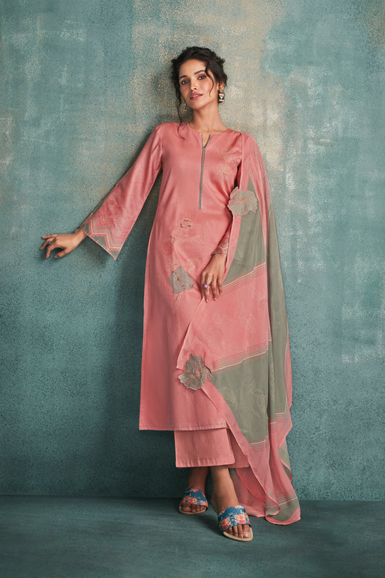 Cotton Satin Printed Suit With Printed Organza Dupatta Available in Selmon Pink