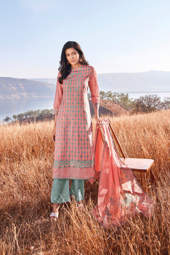 Linen Cotton Embroidered Suit With Printed Organza Dupatta Available in Peach