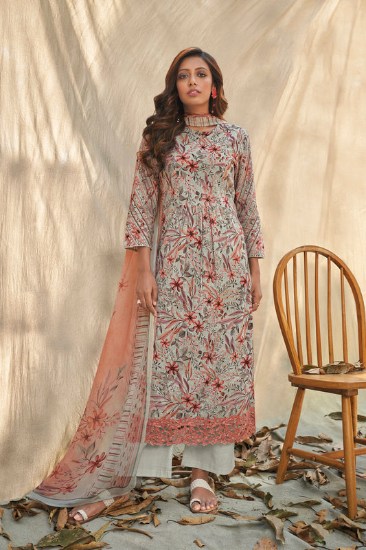 Lawn Cotton Embroidered Suit With Printed Bemberg Chiffon Dupatta Available in Cloud Grey