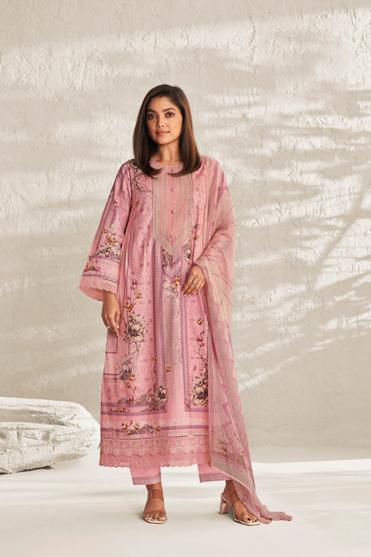 Lawn Cotton Embroidered Suit With Printed Muslin Silk Dupatta Available in Flamingo Pink