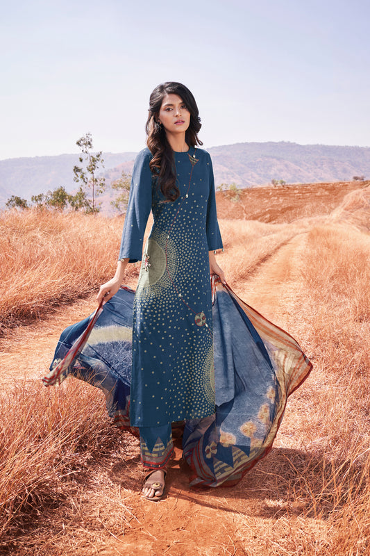 Lawn Cotton Printed Suit With Printed Bemberg Chiffon Dupatta Available in Aegean Blue