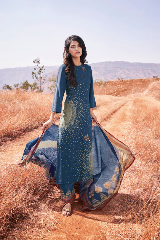 Lawn Cotton Printed Suit With Printed Bemberg Chiffon Dupatta Available in Aegean Blue