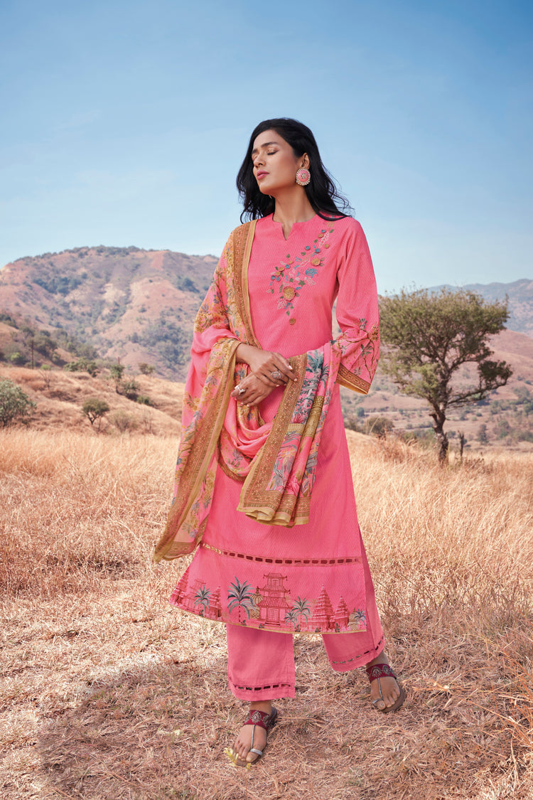 Lawn Cotton Embroidered Suit With Printed Muslin Dupatta Available in Watermelon Pink