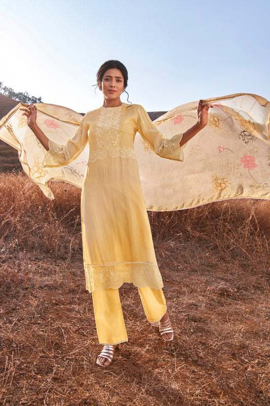 Organza Print With Embroidery Suit With Printed Bemberg Chiffon Dupatta Available in Moccasin Yellow