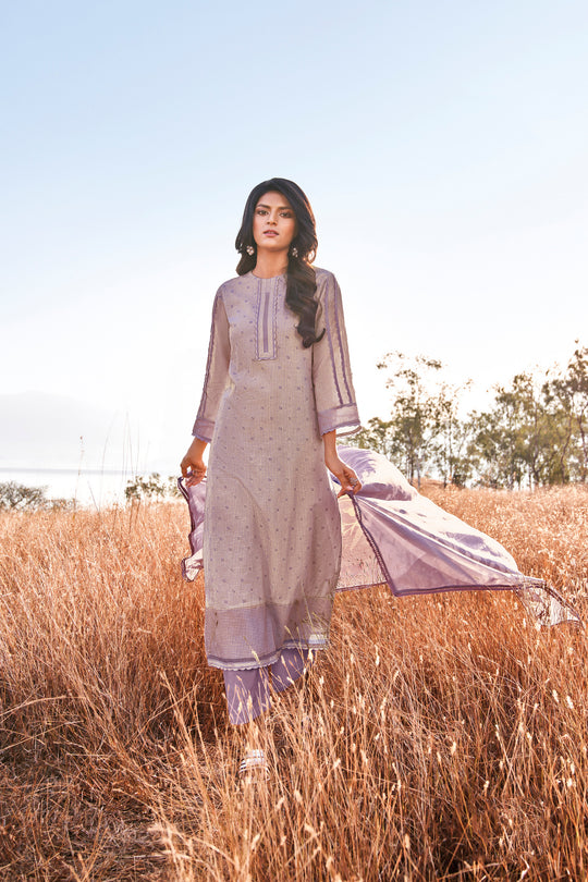 Linen Cotton Embroidered Suit With Printed Organza Dupatta Available in Lavender