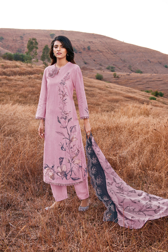 Linen Cotton Printed Suit With Embroidered Organza Dupatta Available in Lemonade Pink