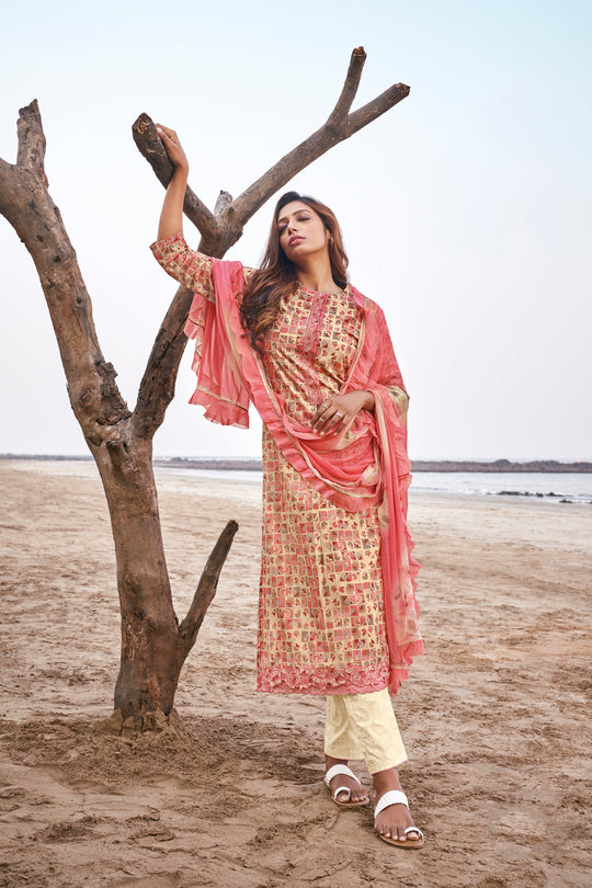 Lawn Cotton Embroidered Suit With Printed Bemberg Chiffon Dupatta Available in Cream & Pink