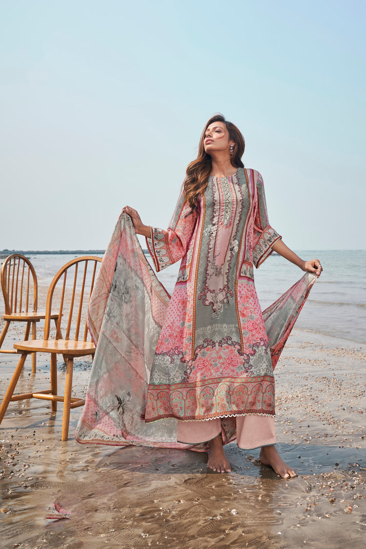 Pure Muslin Print With Handwork Suit With Printed Muslin Dupatta Available in Pink