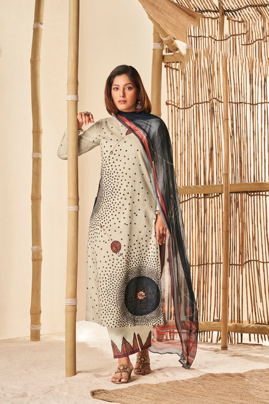 Linen Cotton Print With Handwork Suit With Printed Bemberg Chiffon Dupatta Available in Linen Cream