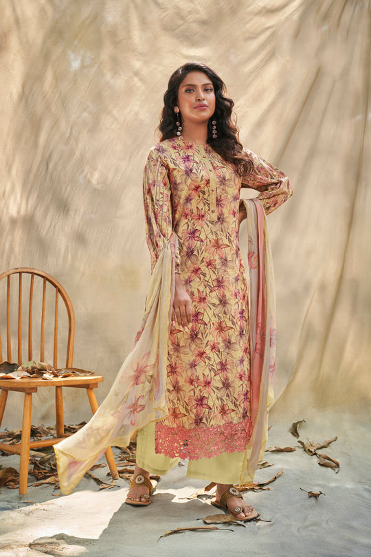 Lawn Cotton Embroidered Suit With Printed Bemberg Chiffon Dupatta Available in Lemon Yellow