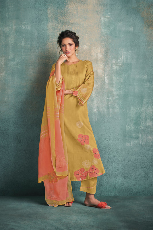 Cotton Satin Printed Suit With Printed Organza Dupatta Available in Minion Yellow