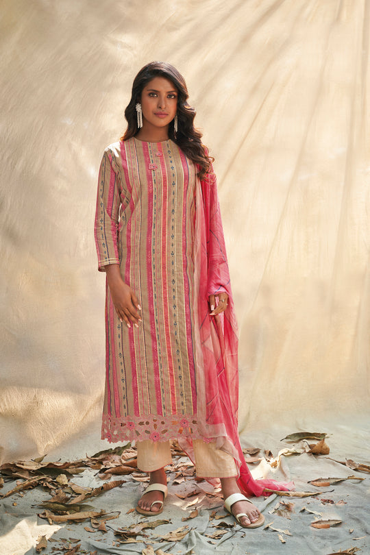 Lawn Cotton Embroidered Suit With Printed Bemberg Chiffon Dupatta Available in Beige & Pink