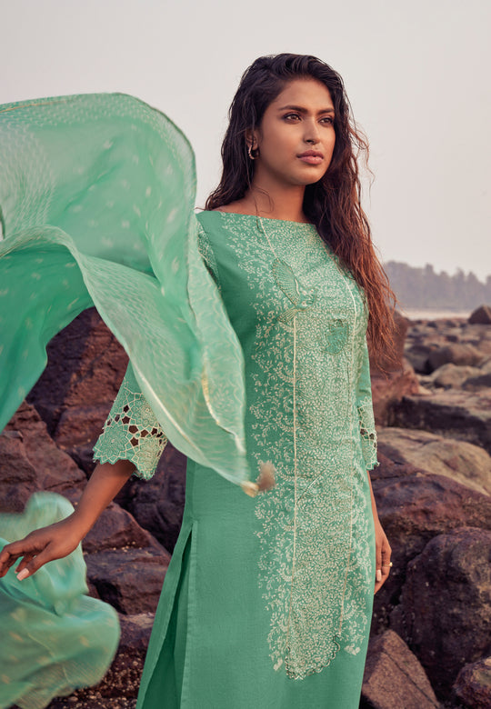 Lawn Cotton Printed Suit With Printed Bemberg Chiffon Dupatta Available in Jungle Green