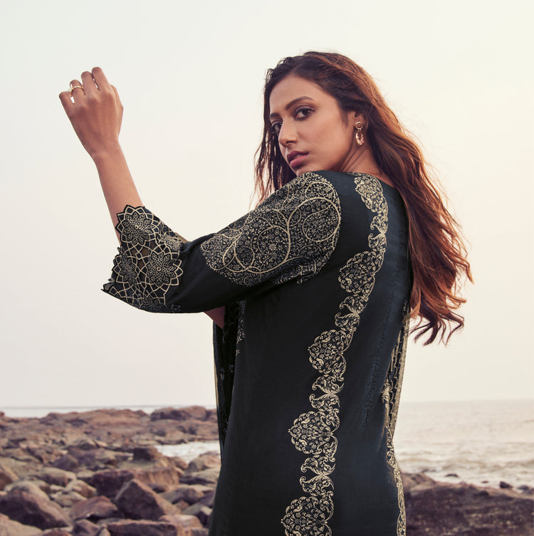 Lawn Cotton Printed Suit With Printed Bemberg Chiffon Dupatta Available in Black