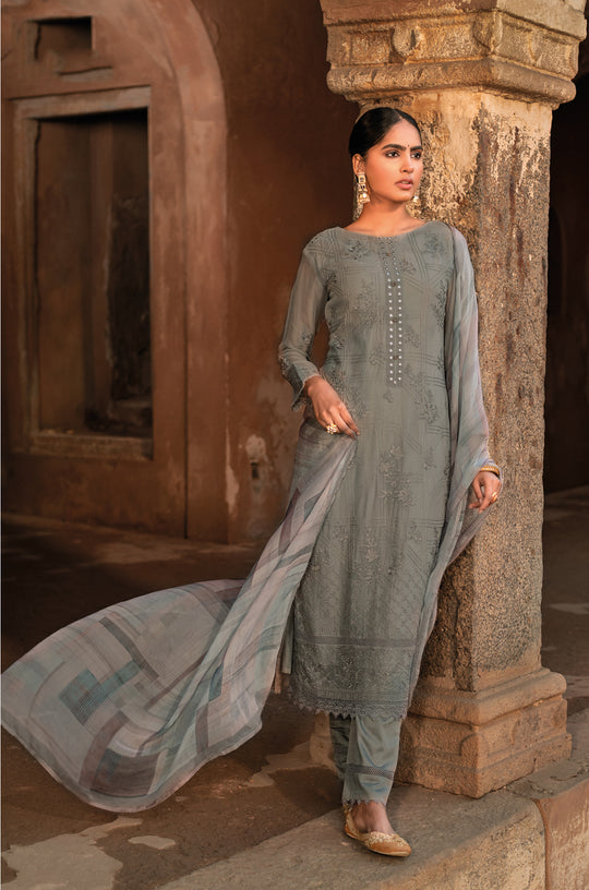 Pure Chiffon Embroidered Suit With Printed Bemberg Chiffon Dupatta available in Grey