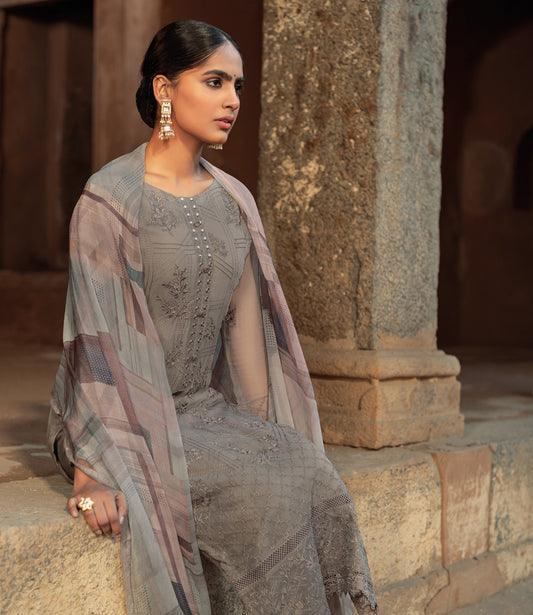 Pure Chiffon Embroidered Suit With Printed Bemberg Chiffon Dupatta available in Grey