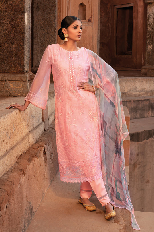 Pure Chiffon Embroidered Suit With Printed Bemberg Chiffon Dupatta available in Flamingo Pink