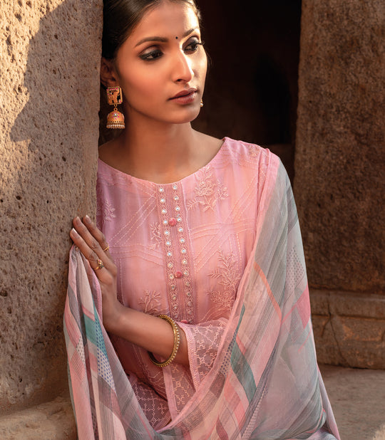 Pure Chiffon Embroidered Suit With Printed Bemberg Chiffon Dupatta available in Flamingo Pink