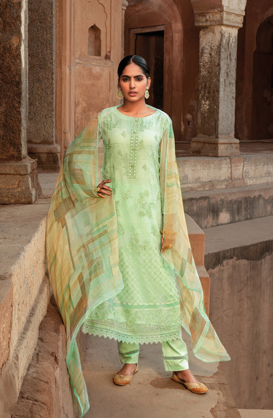 Pure Chiffon Embroidered Suit With Printed Bemberg Chiffon Dupatta available in Tea Green