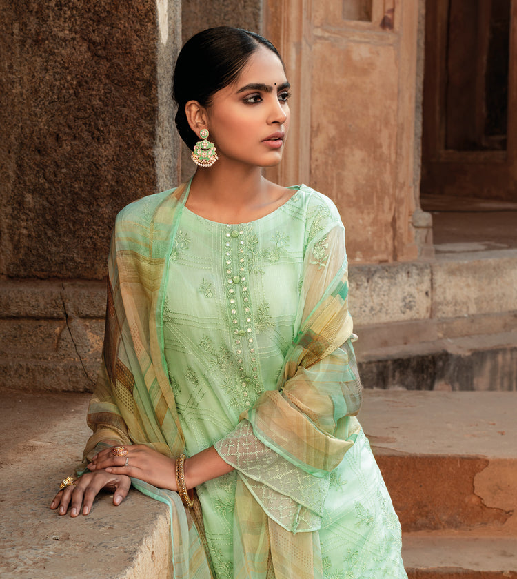 Pure Chiffon Embroidered Suit With Printed Bemberg Chiffon Dupatta available in Tea Green