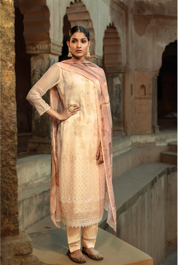 Pure Chiffon Embroidered Suit With Printed Bemberg Chiffon Dupatta available in Peach & Cream