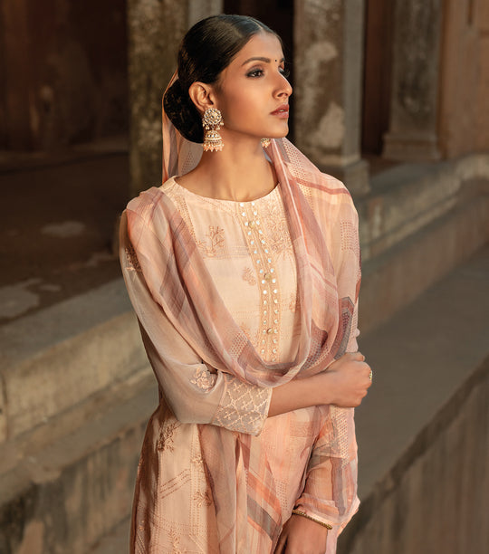 Pure Chiffon Embroidered Suit With Printed Bemberg Chiffon Dupatta available in Peach & Cream