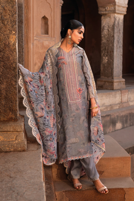 Pure Muslin Print With Handwork Suit With Embroidered Organza Dupatta Available in Lavender