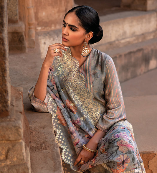 Pure Muslin Print With Handwork Suit With Embroidered Organza Dupatta Available in Lavender