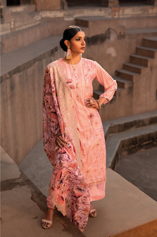 Pure Muslin Print With Handwork Suit With Embroidered Organza Dupatta Available in Salmon Pink