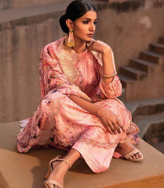 Pure Muslin Print With Handwork Suit With Embroidered Organza Dupatta Available in Salmon Pink