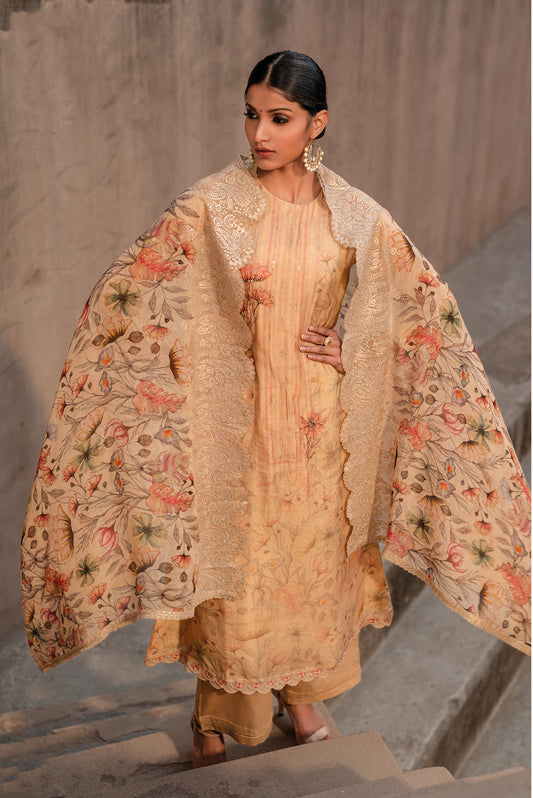 Pure Muslin Print With Handwork Suit With Embroidered Organza Dupatta Available in Beige