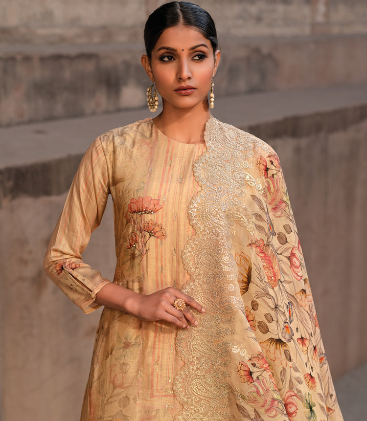 Pure Muslin Print With Handwork Suit With Embroidered Organza Dupatta Available in Beige