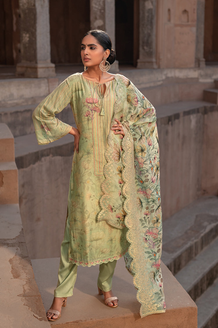 Pure Muslin Print With Handwork Suit With Embroidered Organza Dupatta Available in Olive Green