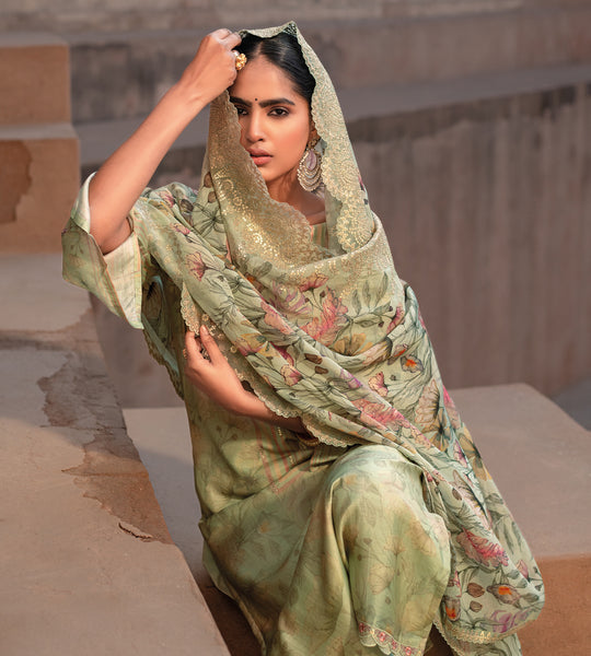 Pure Muslin Print With Handwork Suit With Embroidered Organza Dupatta Available in Olive Green