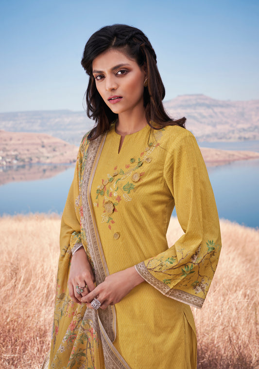 Lawn Cotton Embroidered Suit With Printed Muslin Dupatta Available in Munsell Yellow