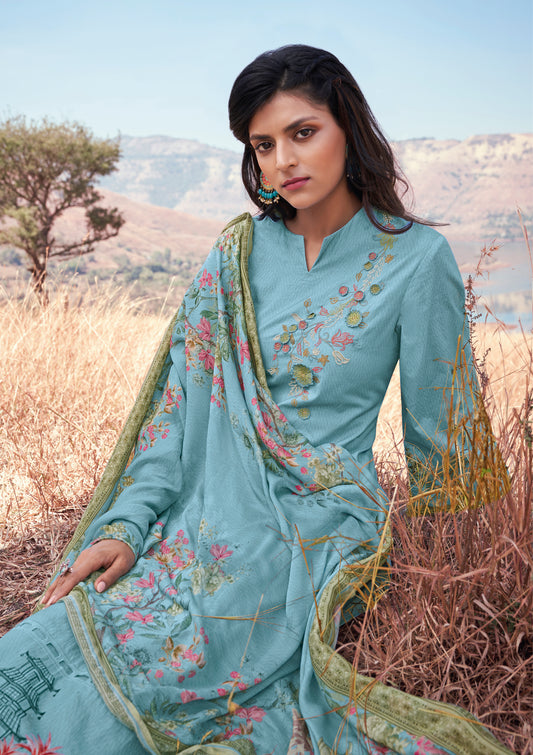 Lawn Cotton Embroidered Suit With Printed Muslin Dupatta Available in Sky Blue