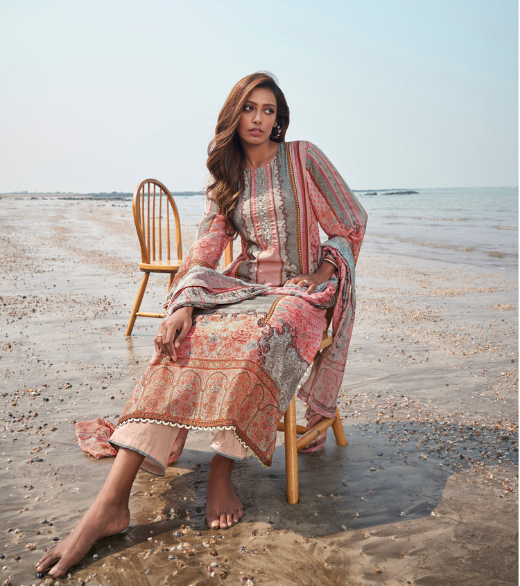 Pure Muslin Print With Handwork Suit With Printed Muslin Dupatta Available in Pink