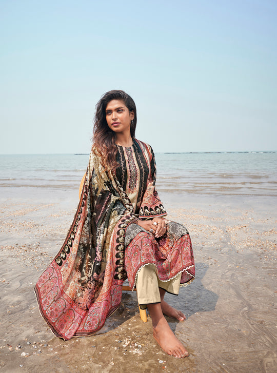 Pure Muslin Print With Handwork Suit With Printed Muslin Dupatta Available in Cream & Black